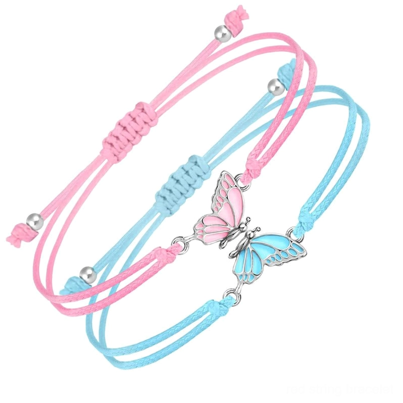 Pink and blue gradient butterfly braided friendship bracelets with adjustable sliding knots - couples connector charm