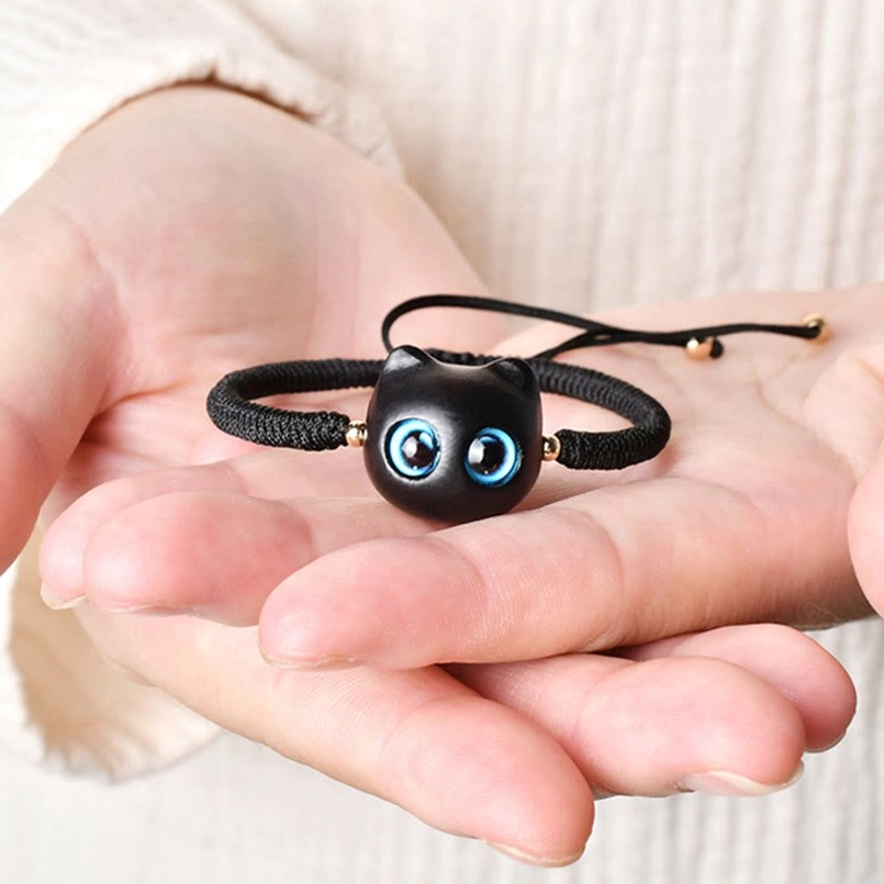 Adjustable ebony wood cat bracelet gift for protection and positive energy