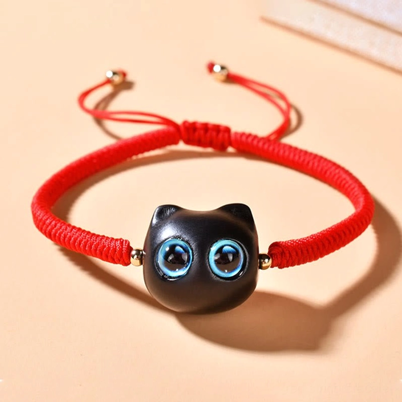 Ebony wood cat charm protection bracelet with King Kong knot sacred symbol