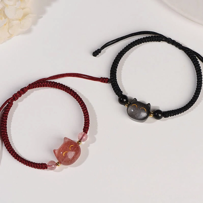 Couple cat bracelets set with Silver Sheen Obsidian and Strawberry Quartz, red and black cord designs, matching pair