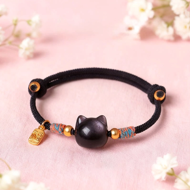 Overhead view of black rope cat protection bracelet featuring silver sheen obsidian bead and Fu charm on pink floral background
