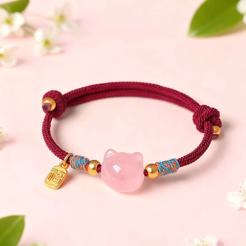 Flat lay of pink quartz cat bracelet with burgundy braided rope and Fu character pendant on pink floral background
