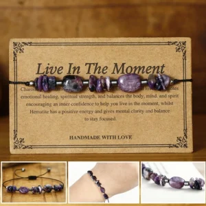 Live in the Moment Charoite Hematite red string bracelet with healing stones on wooden display