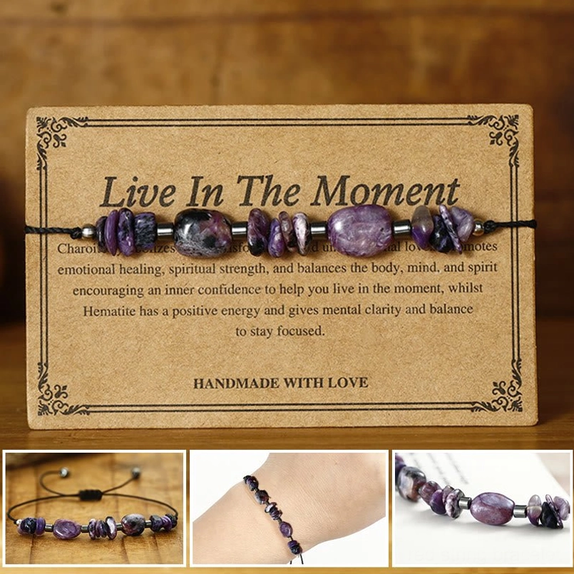 Live in the Moment Charoite Hematite red string bracelet with healing stones on wooden display