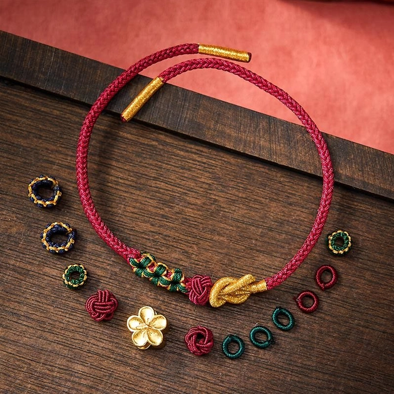 Hand-woven bracelet and loose jewelry components with wine red rope and metal accents