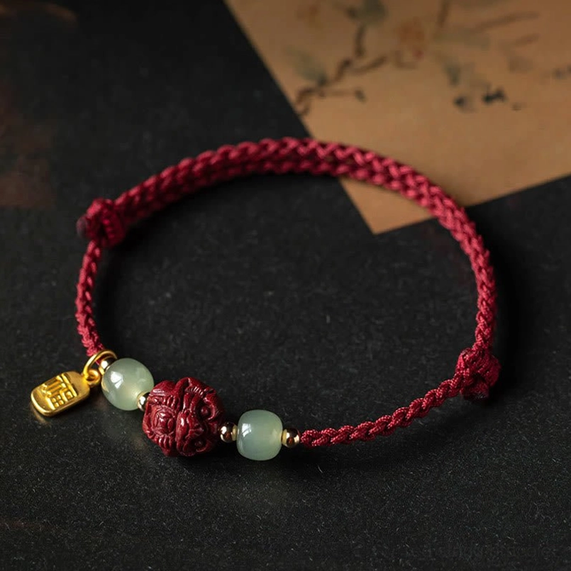 Chinese zodiac luck bracelet with hetian jade bead and fu character - bracelet detail view