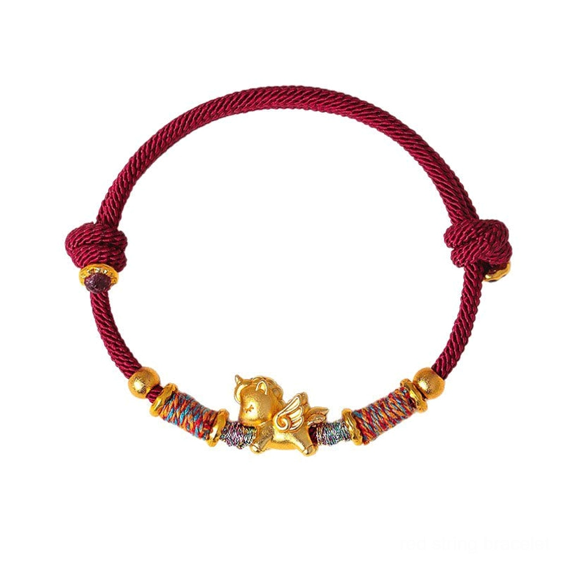 Chinese zodiac horse 3d gold charm braided string bracelet flat lay