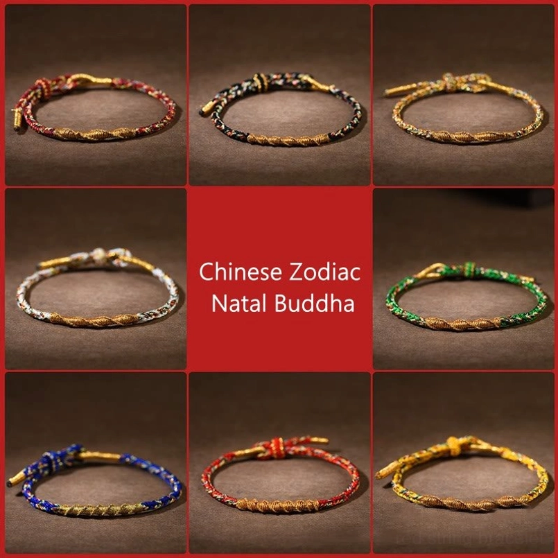 Full collection of Chinese zodiac natal buddha red string bracelets flat lay