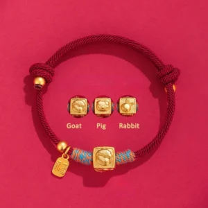 999 sterling silver Chinese zodiac red string bracelet with Goat Pig Rabbit charm and Fu blessing tag