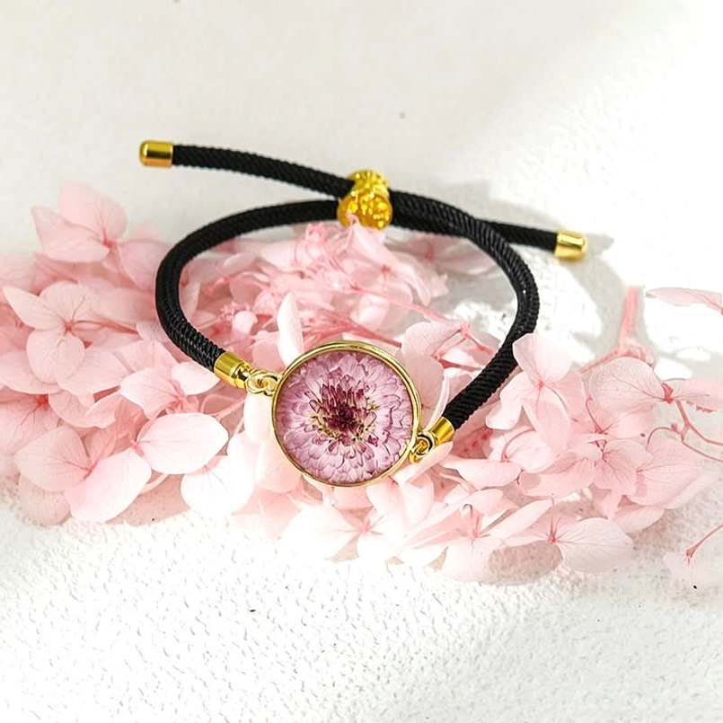 Chrysanthemum birth flower bracelet - adjustable red string with pressed flower charm