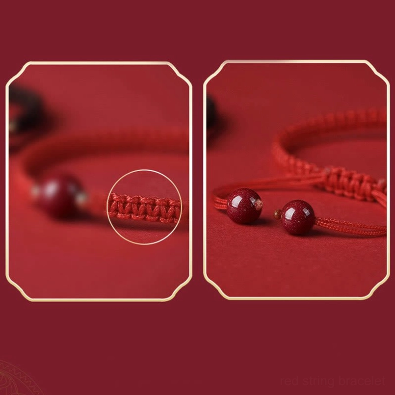 Close-up detail shots of cinnabar bead bracelet with braided rope structure