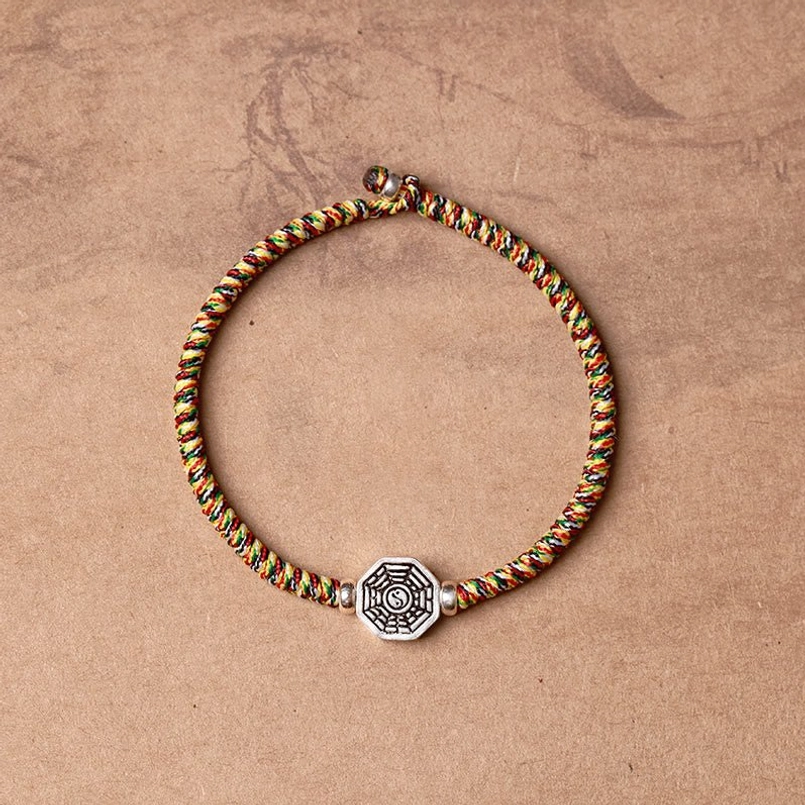 Handmade cinnabar beads red string bracelet with bagua silver accent