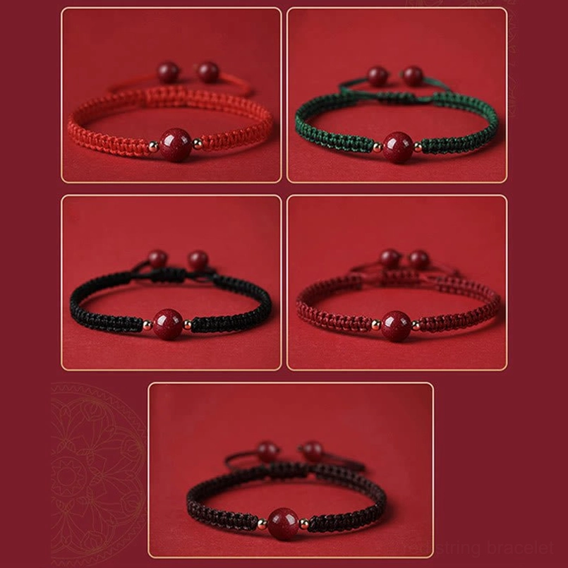 Multiple color options of cinnabar red string bracelets with different style variations