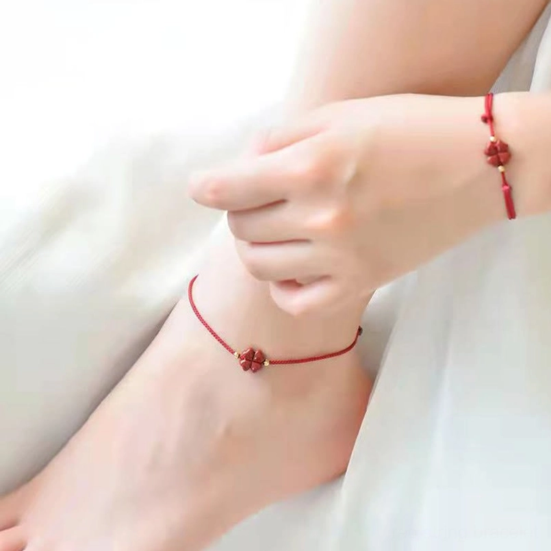 Cinnabar four leaf clover red string dual-use bracelet anklet versatile wearing styles