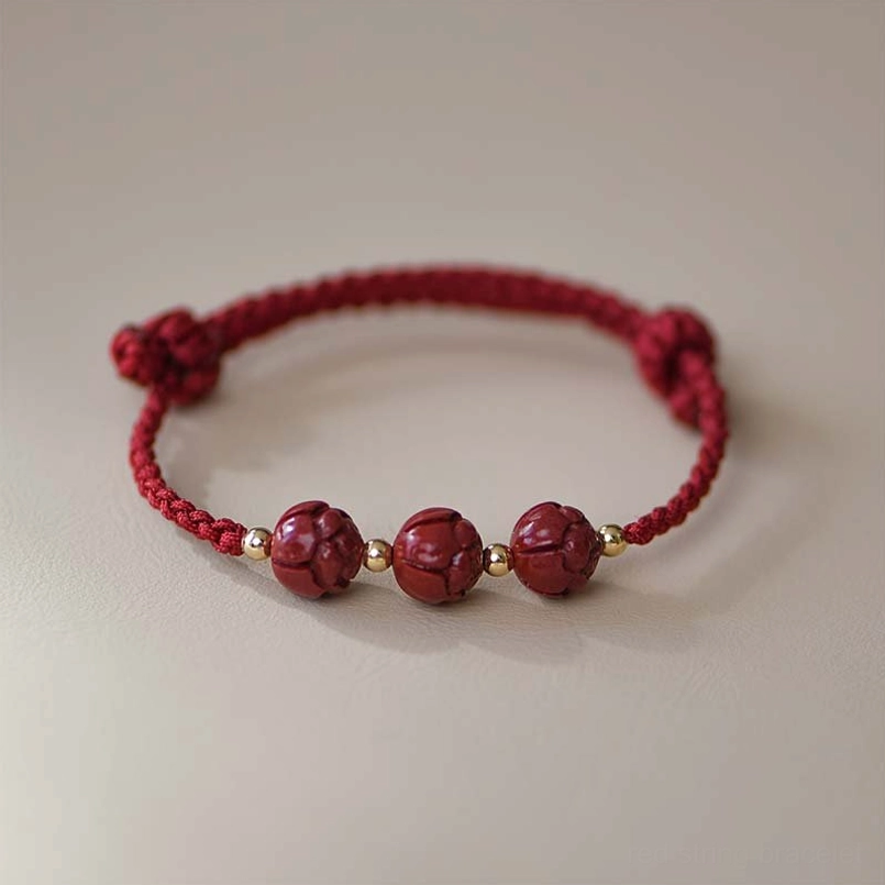 Cinnabar jade lotus red string bracelet with carved beads and gold spacer details - flat lay
