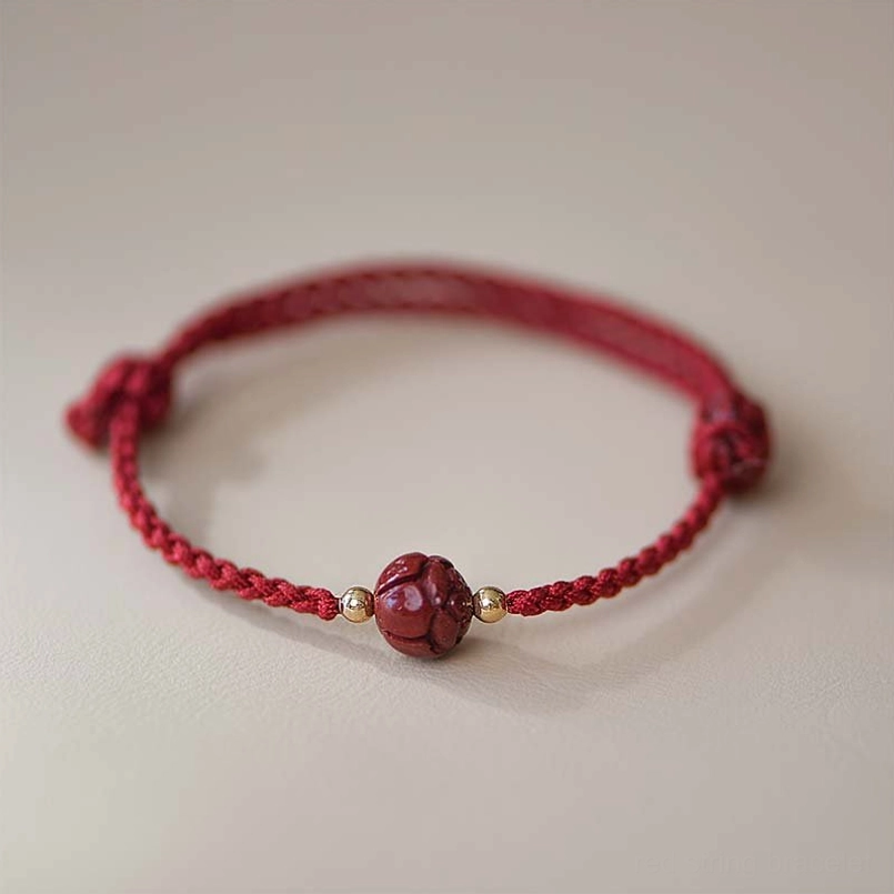 Single carved cinnabar bead bracelet with wine-red braided rope and gold spacer beads