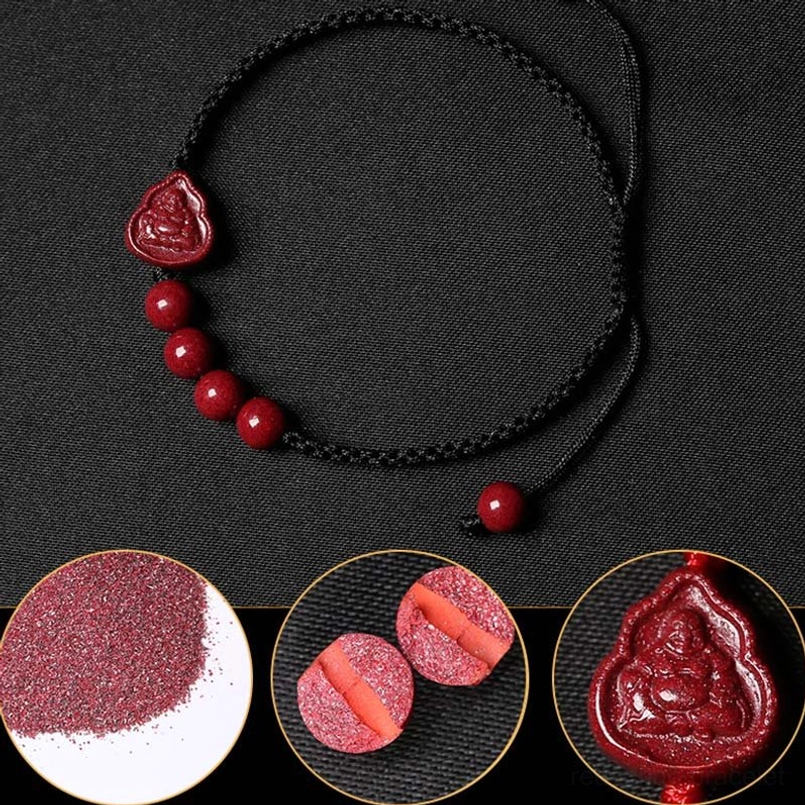 Minimalist cinnabar Buddha black braided bracelet with close-up material detail