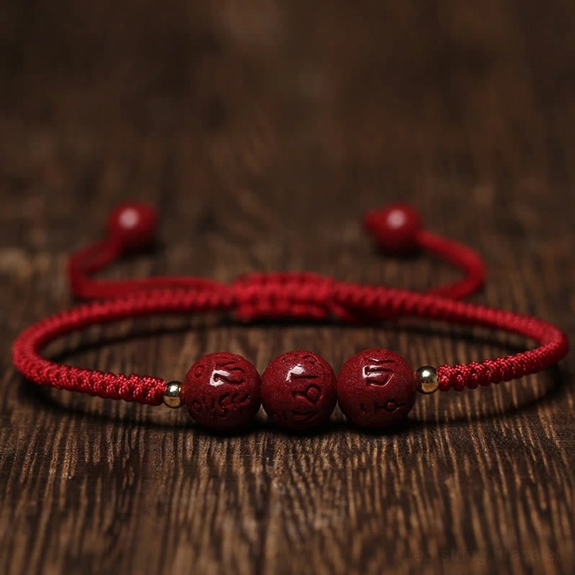 Cinnabar Om Mani Padme Hum engraved blessing bracelet with dark red rope overhead flat lay