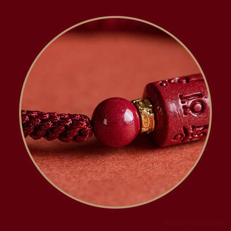 Tibetan cinnabar mantra bracelet flat lay styling with spiritual background