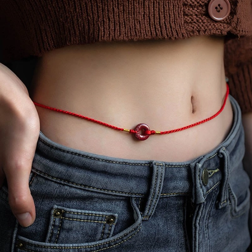 Natural cinnabar peace buckle belly chain worn on waist - red string waist chain with round charm pendant