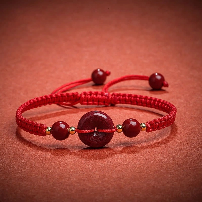 Red rope cinnabar peace buckle bracelet with smooth beads and gold accents