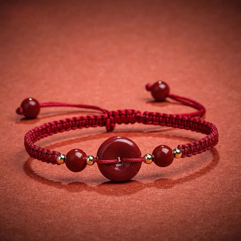 Red cinnabar peace buckle bracelet with gold spacers on traditional red background