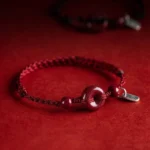 Handmade Cinnabar Red String Bracelet with Peace Buckle charm front view