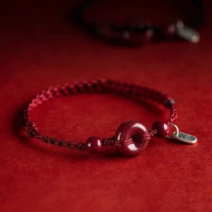 Handmade Cinnabar Red String Bracelet with Peace Buckle charm front view