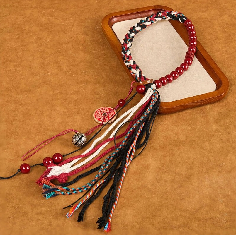 Tibetan cinnabar tassel protection red string bracelet with coin charm