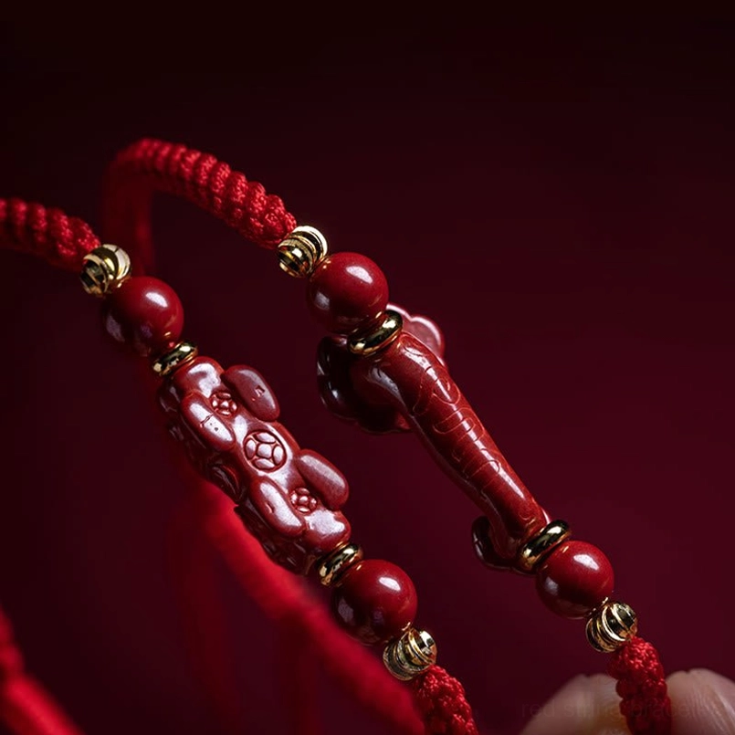 Natural cinnabar stone beads on red braided string bracelet texture