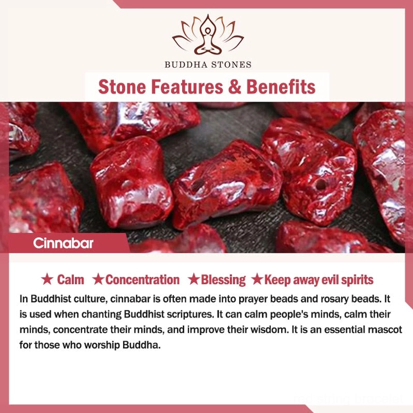 Cinnabar stone benefits infographic showing calming blessing and evil spirit protection properties
