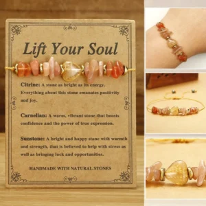 Citrine Carnelian Sunstone red string bracelet with natural gemstone beads on kraft display card