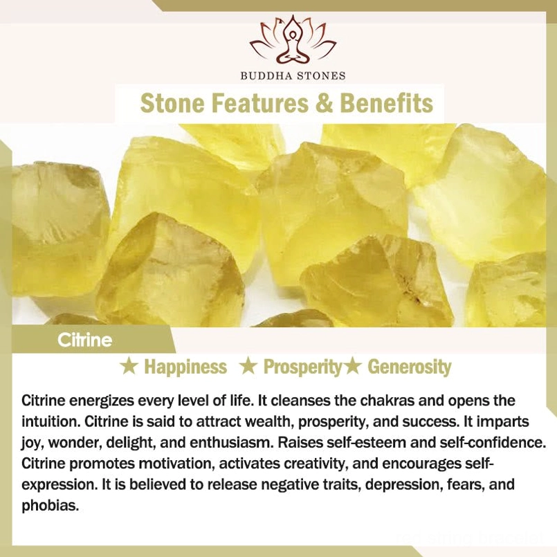 Citrine crystal healing properties information with raw citrine chunks on white background