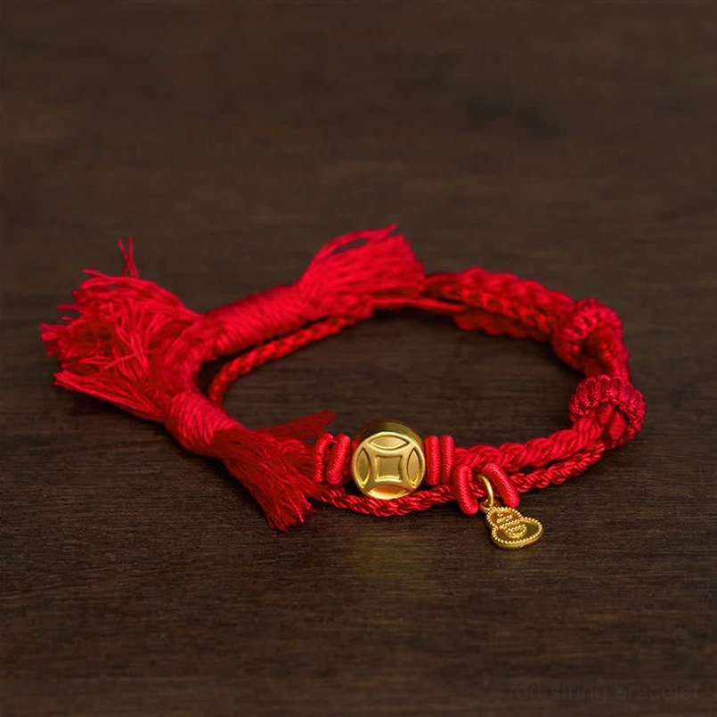 Classic Red Rope Lucky Bracelet with Gold Coin and Gourd Charms