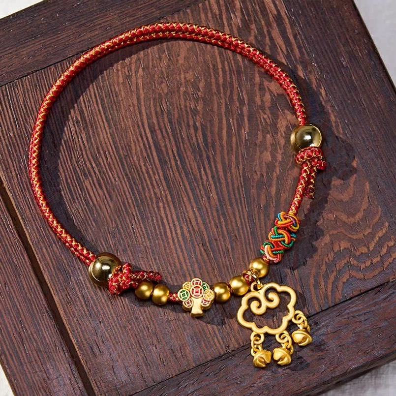 Cloud motif lucky pet collar with red braided cord and gold beads, spiritual charm