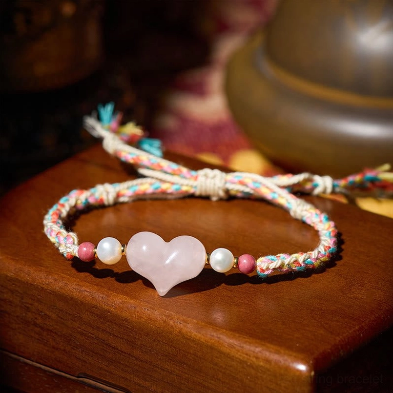 Multicolor Braided Pink Crystal Heart Red String Bracelet On Brown Wooden Box
