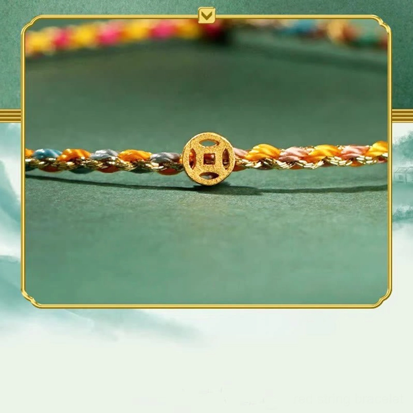 Macro close-up of colorful lucky coin bracelet showing braided rope texture and gold square coin charm
