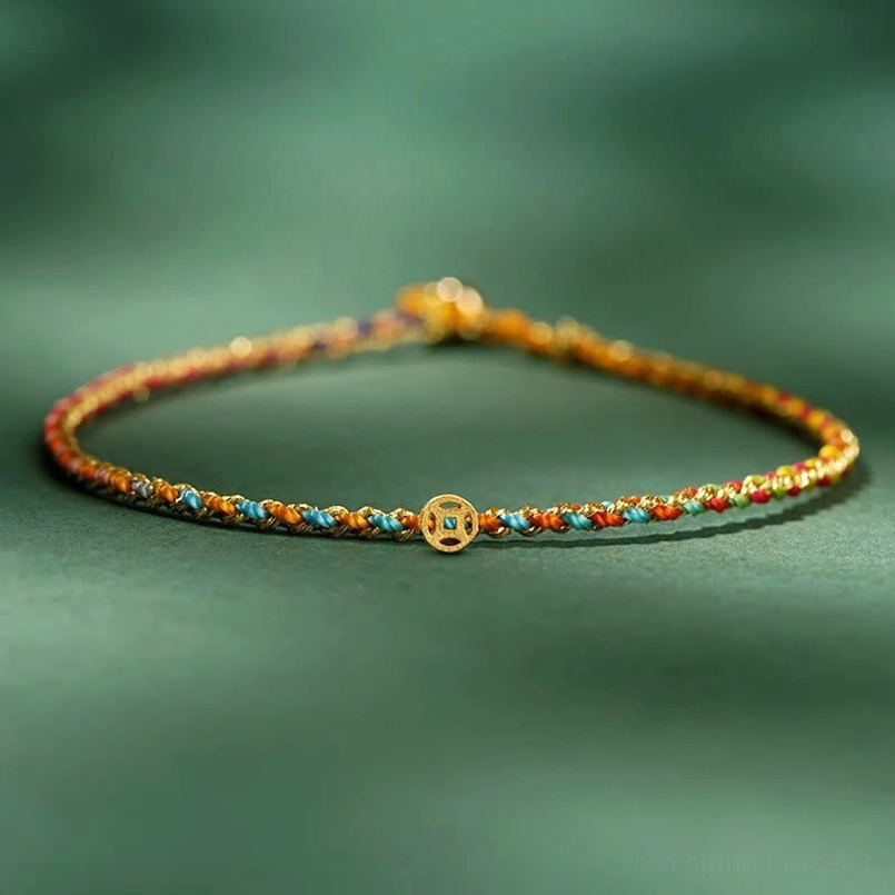 Colorful lucky coin bracelet with multicolor woven rope and gold ancient coin pendant, thin braided design
