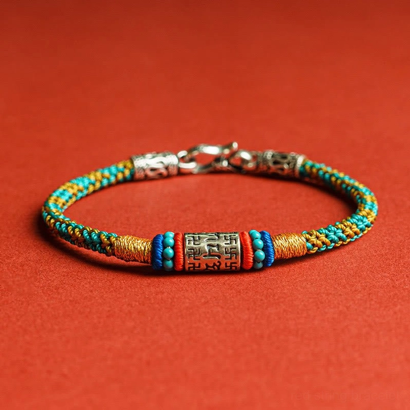 Colorful Tibetan six true words 925 sterling silver bracelet flat lay on red background