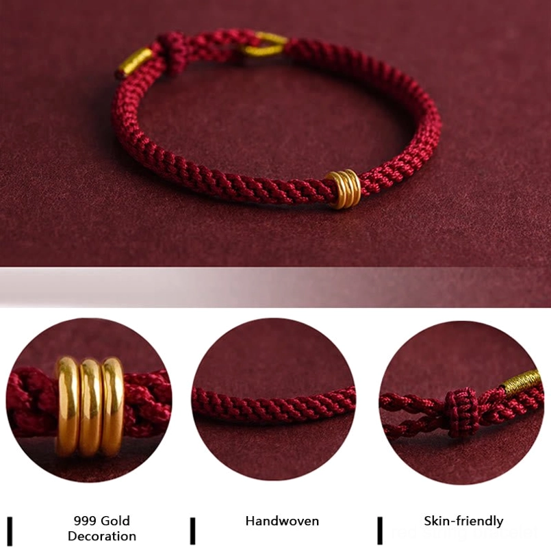Compact handwoven red string bracelet with gold ring charm neat finish
