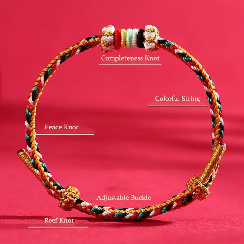 Colorful completeness knot luck bracelet with labeled knot designs and adjustable buckle on red background