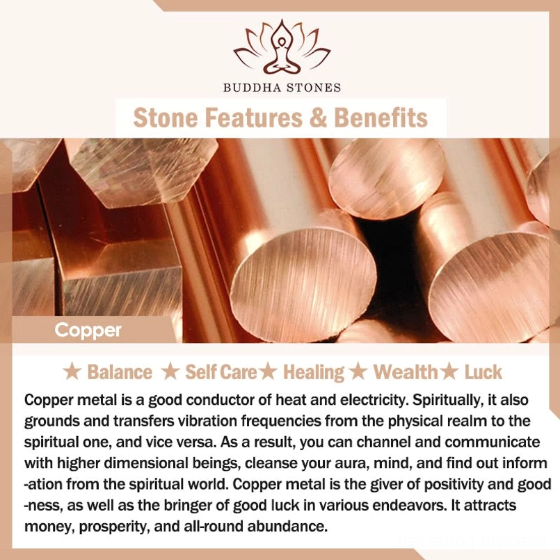 Copper material spiritual properties infographic highlighting healing wealth and energy-conducting benefits of copper