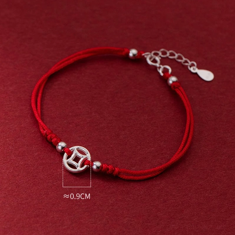 red string copper coin bracelet with 0.9cm silver charm size specification
