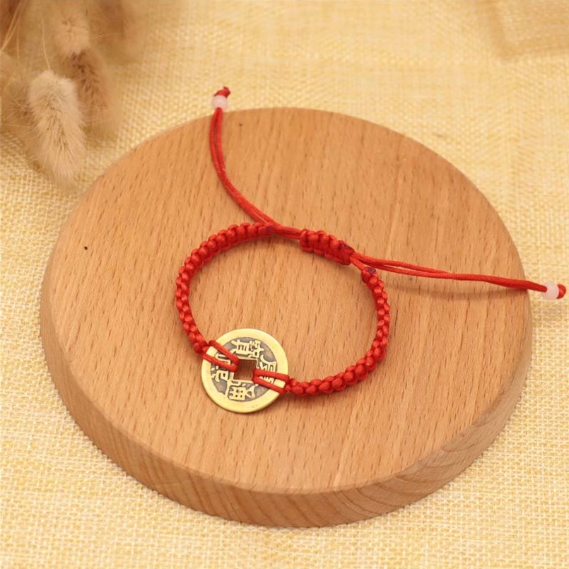 Classic single copper coin red string bracelet with white knot adjusters, protection bracelet