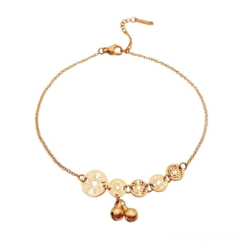 Rose gold copper coins bell anklet with hollow coin charms and adjustable clasp