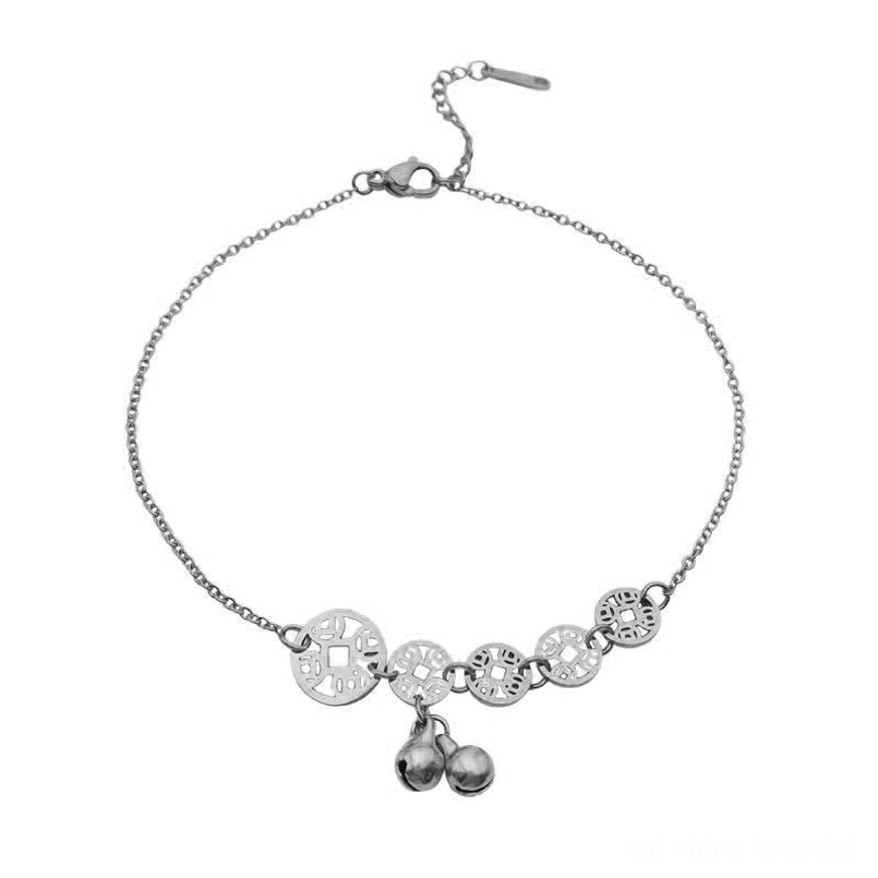 Silver tone copper coins bell titanium steel anklet with delicate bell and coin charms