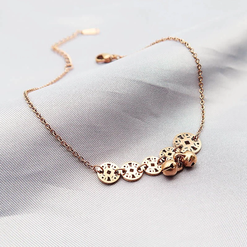 Titanium steel copper coins bell anklet with prosperity charms and premium clasp