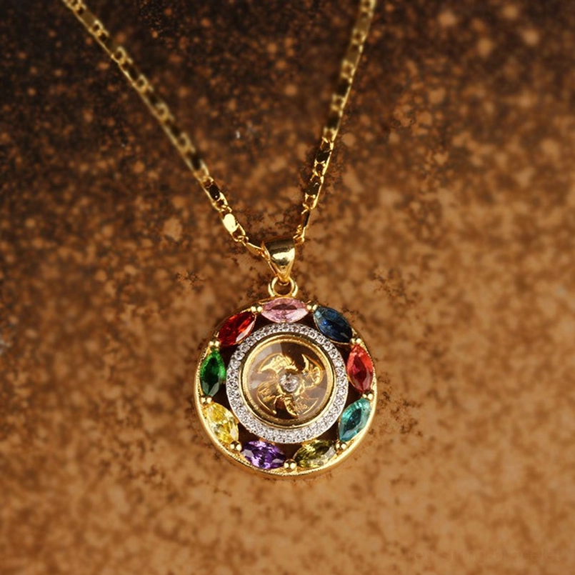 Classic round multicolor zircon copper pendant necklace with gold chain on brown background