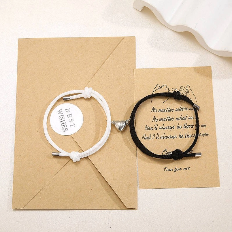 Red string couple bracelets gift set with kraft envelope and greeting cards, magnetic heart charm