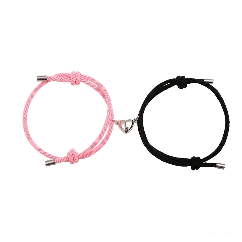 Pink and black magnetic couple red string bracelets with heart charm